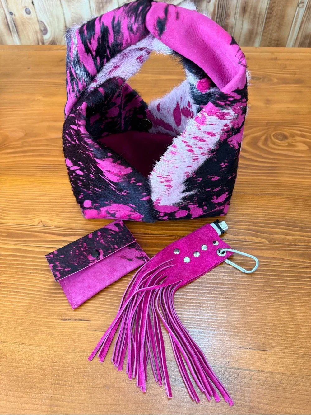Pink and Black cowhide mini hobo Bag with Tassel Accessory and coin wallet